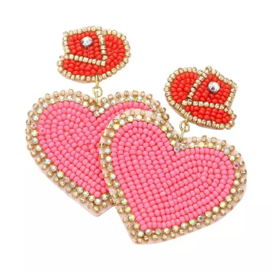 Pink Felt Back Beaded Hat Heart Link Dangle Earrings