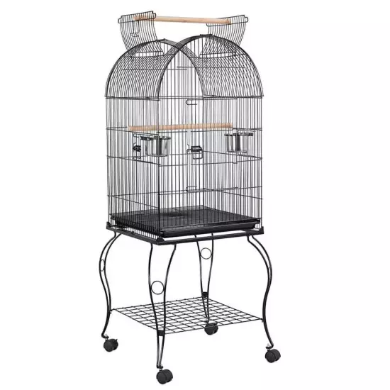 Metal Rolling Bird Cage with 2 Feeders and 2 Wooden Perches, Black