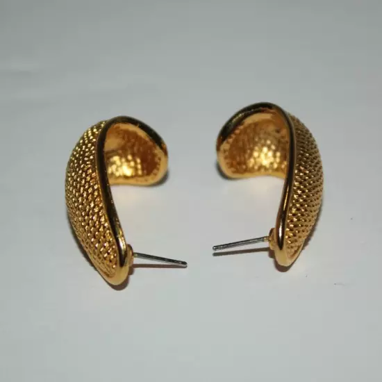 Vtg. AK Anne Klein Half Hoop Textured Gold Tone Pierced Earrings 1.25", Signed