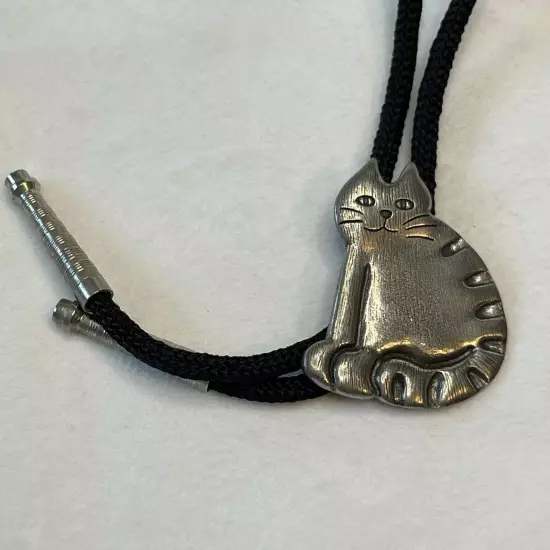 Vtg 1990 Signed Bolo Tie Cat Kitten Silver Danforth Pewter Western Cowgirl Rodeo