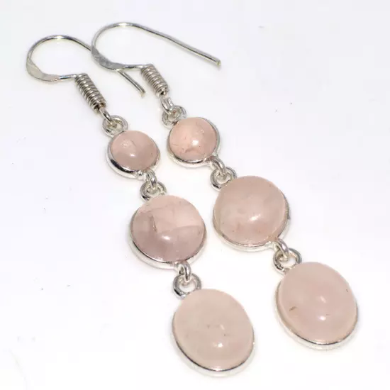 Rose Quartz 925 Silver Plated Long Gemstone Earrings 2.3" Elegant Gift GW