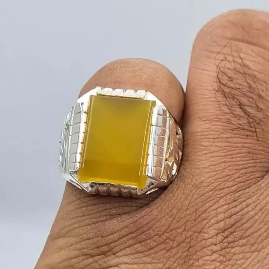 Aqeeq Akik Hakik Bague - Handmade Natural Yellow Yemeni Aqeeq Ring, Stunning Des