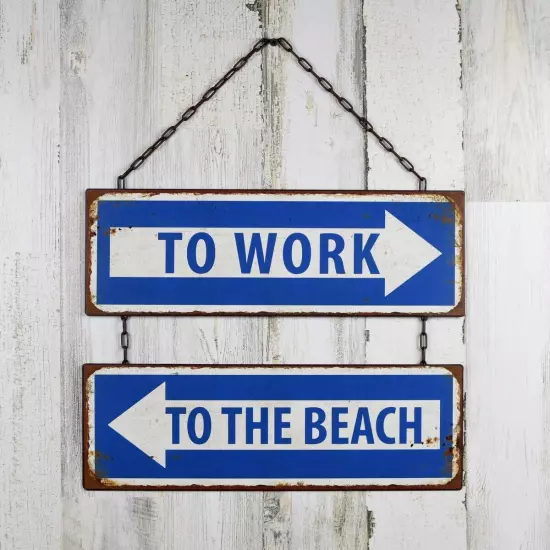 Metal To Work Beach Tin Arrow Sign Nautical Ocean Coastal Room Wall Home Decor