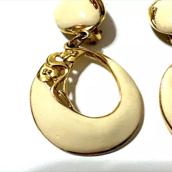 Vintage EDGAR BEREBI Cream Enamel & Gold Tone Earrings Clip On 1980s 2 1/8"