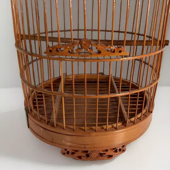 Vintage Bamboo & Teak Bird Cage 17" Curved Asian Chinoiserie Double Loop