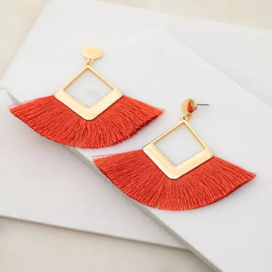 diamond metal with fan shape tassel earrings