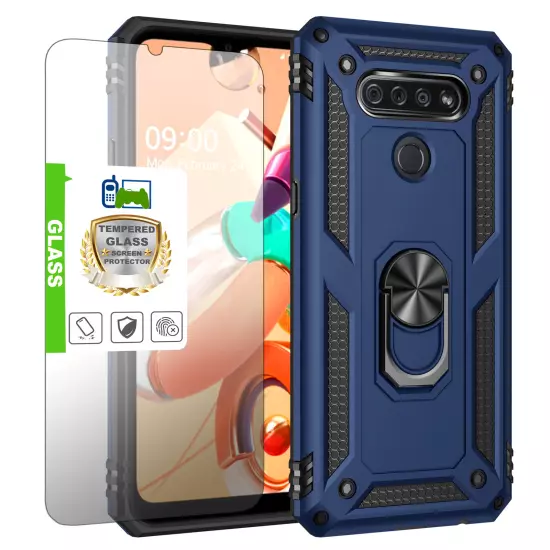 For LG K51 Q51 Reflect Case Shockproof Ring Stand Phone Cover w/ Tempered Glass