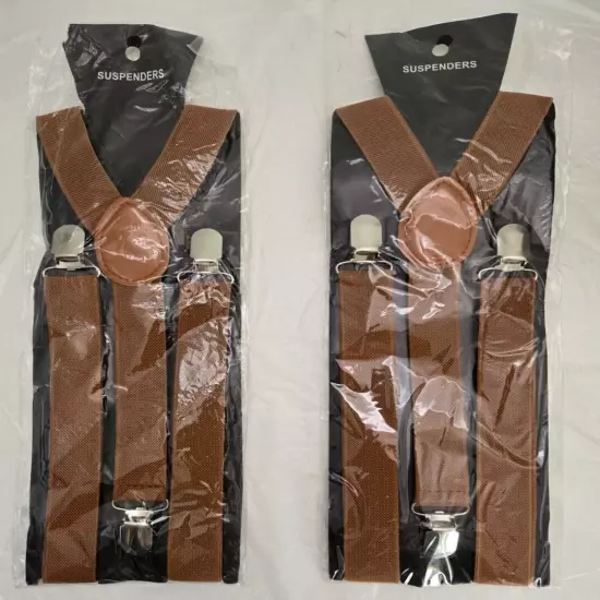 2-Packs Y-Shape Suspenders Elastic Strap Pants Brace 3-Clips Adjustable Brown