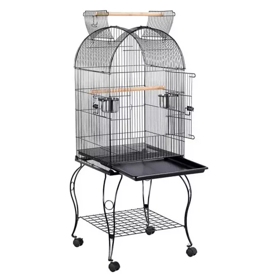 Metal Rolling Bird Cage with 2 Feeders and 2 Wooden Perches, Black