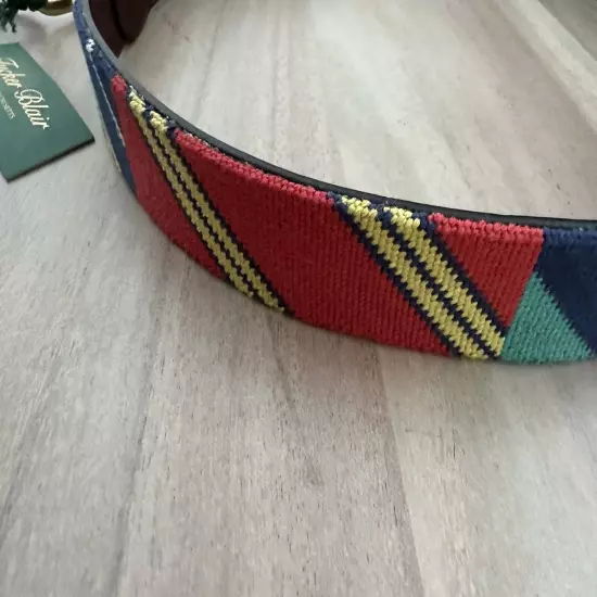 NWT Tucker Blair Needlepoint Belt Stripe Men's Size 36 Leather Brass Buckle