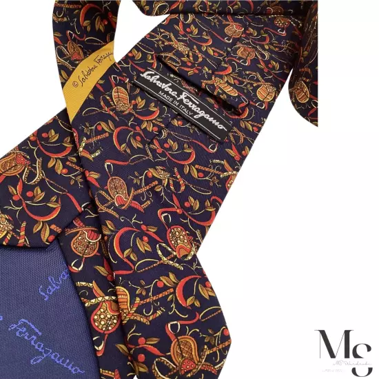 Salvatore Ferragamo Navy Blue Saddle & fruit Silk Tie Made In Italy W: 4" EX CD