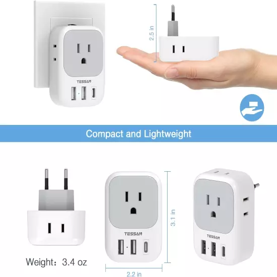 2 Pack European Travel Plug Adapter USB C, TESSAN US to Europe Plug Adapter with