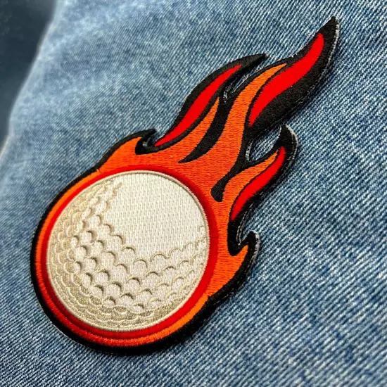 FLAMING GOLF BALL PATCH - new IRON-ON APPLIQUE SPORTS EMBROIDERED LINKS CLUB new