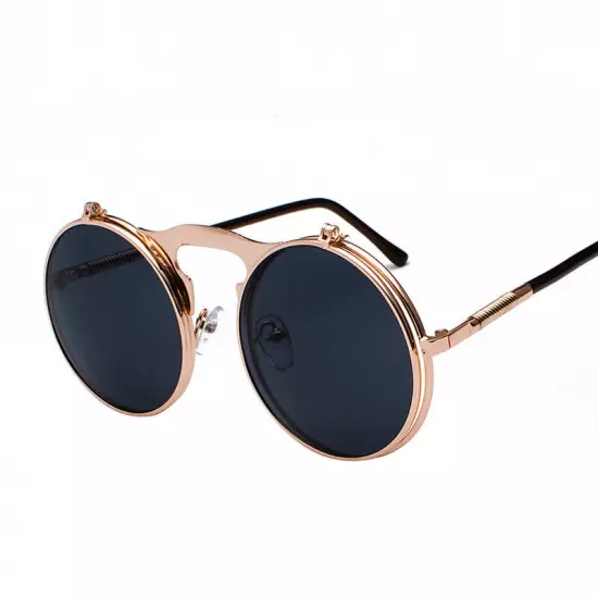 Round Metal Flip Up Sunglasses Retro John Lennon Circle Vintage Unisex Glasses