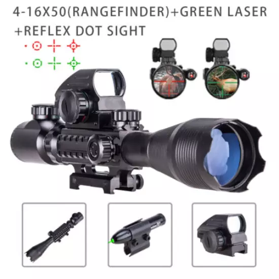 4-16x50 Rangefinder Rifle Scope Green Laser 4 Reticle Red &Green Dot Sight Pinty