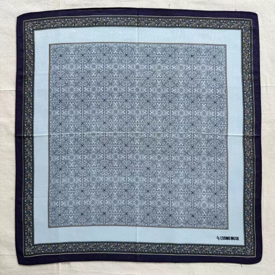 Handkerchief Vtg Geometric Medallion Black Pattern Pocket Square Blue Cotton 16"