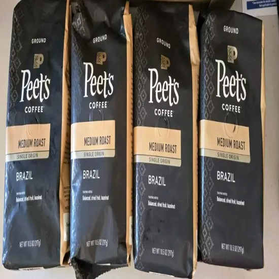 4 x Peet's Coffee Single Origin Brazil GROUND 10.5oz FRESHEST BY 9/14/24