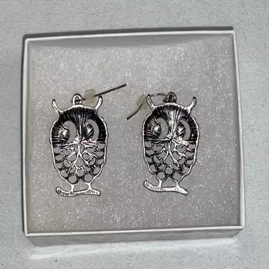 Owl on Branch Earrings Silver tone Fashion Jewelry Box Women Black Eyes Large 