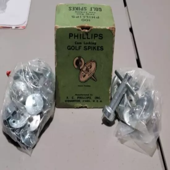 VINTAGE PHILLIPS CAM LOCKING METAL GOLF SPIKES WITH ORIGINAL BOX AND WRENCH TOOL