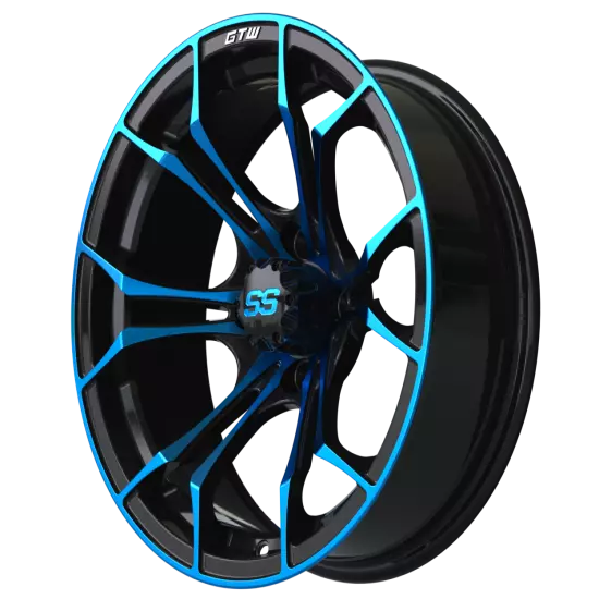 Set of 4 - GTW Spyder 15x7 Black and Blue Golf Cart Wheel With 3:4 Offset