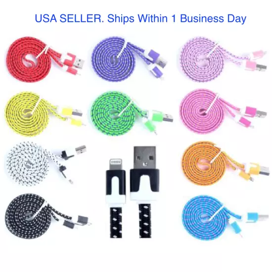 10-foot USB Cable Flat Braided For iPhone 14, 13, 12, X, 8,7,6,5. 10 colors. 001