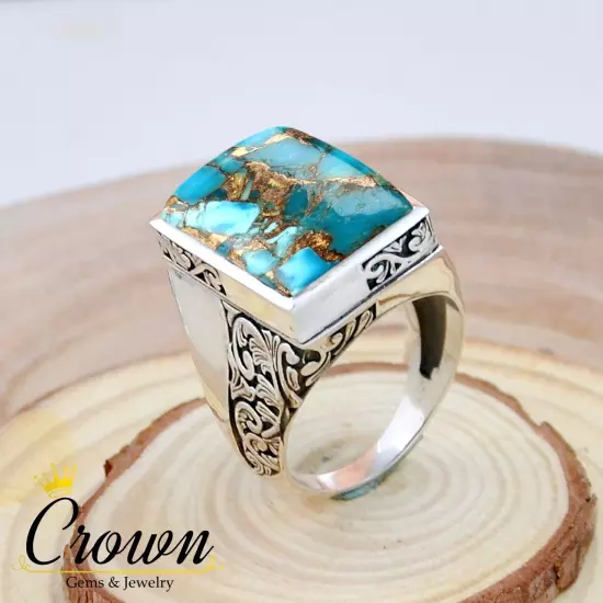 Blue Copper Turquoise 925 Sterling Silver Men's Ring Jewelry - Size US 6-14