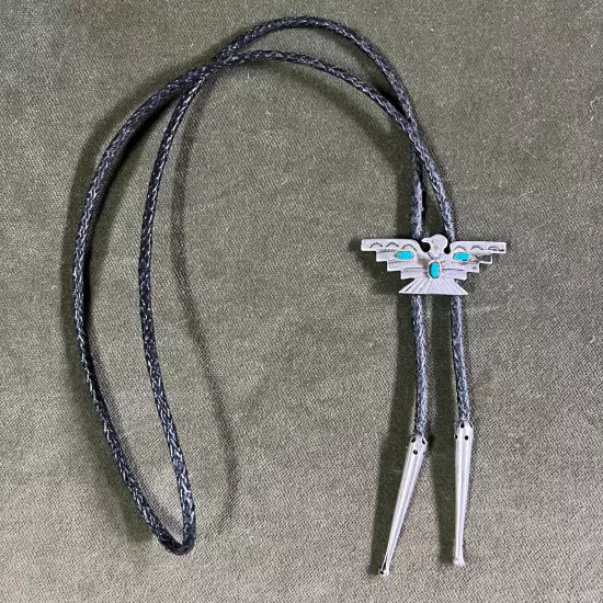 Vintage Turquoise Silver Bolo Tie With Western Black Braided Cord