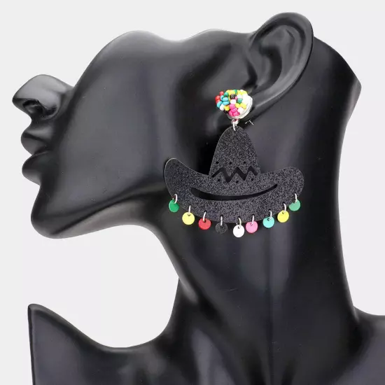 Black Glittered Cowboy Hat Dangle Earrings