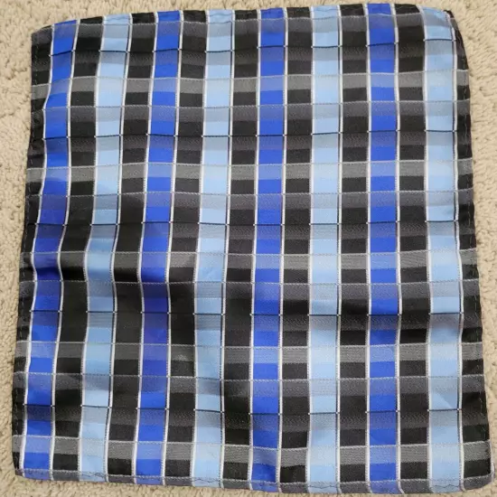 Men's blue black white plaid hand rolled 11 inch Pocket Square