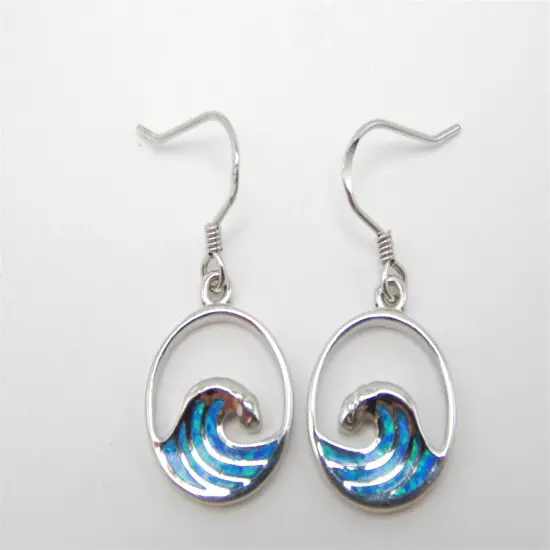 OPAL OCEAN WAVE DANGLE ROUND STERLING SILVER EARRINGS LIGHT WEIGHT