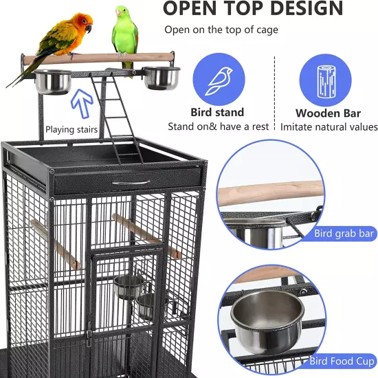 61-Inch Wrought Iron Large Bird Cage with Play Top and Rolling Stand Parrot Cage