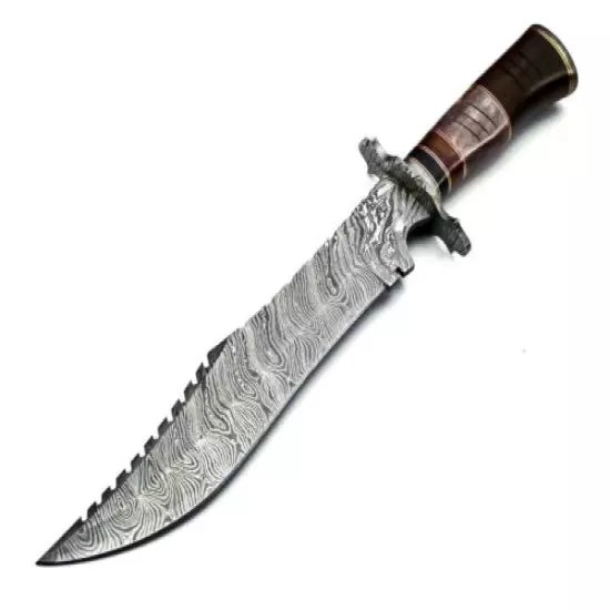 Handmade Damascus Steel 15.5 Inches Bowie Knife - Rose Wood & Bull Horn Handle