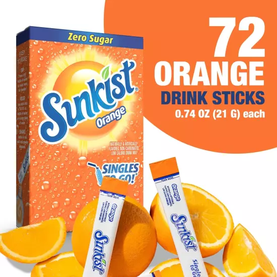 Sunkist Soda Orange Singles To Go Drink Mix, 12 Boxes with 6 Packets Each - 7...