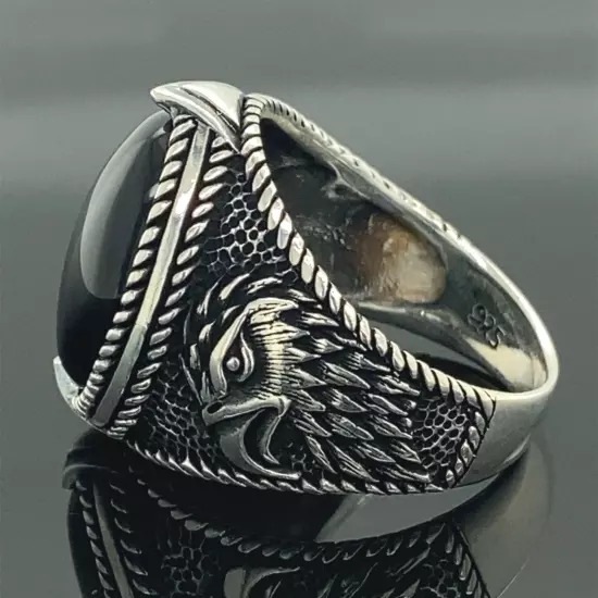 925k Silver Black Onyx Gemstone Ring Men Handmade Eagle Model Ring