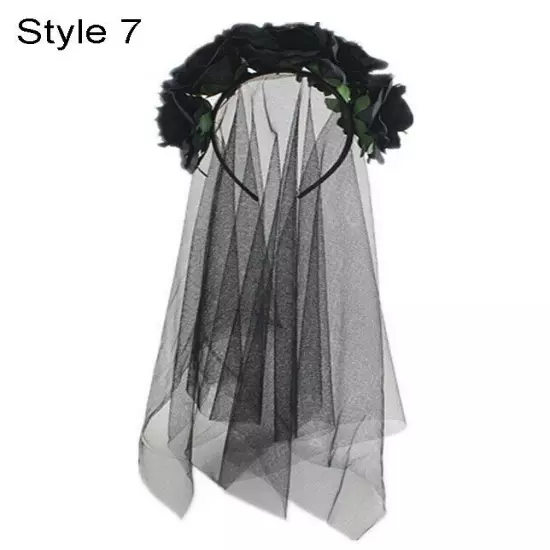 Ladies Mexican Day Of The Dead Black Veil Rose Headband Halloween Headpiece