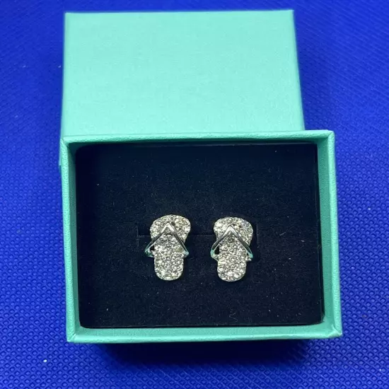 Dainty Silver Tone Rhinestones Sandle Mini Stud Earrings w/ Gift Box