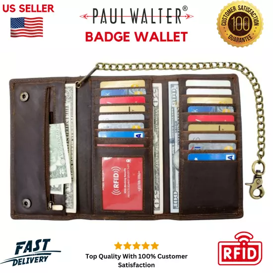 RFID Blocking Mens Biker Vintage Genuine Leather Long Trifold Chain Biker Wallet