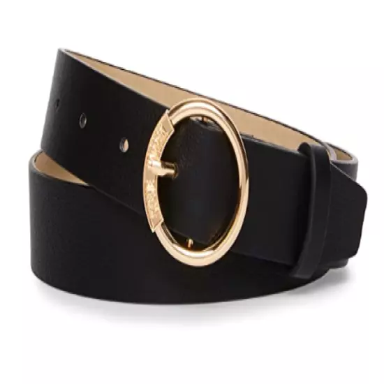 Steve Madden Womens Belt Size M Black Faux Leather Gold Logo Buckle NWT FUL-423