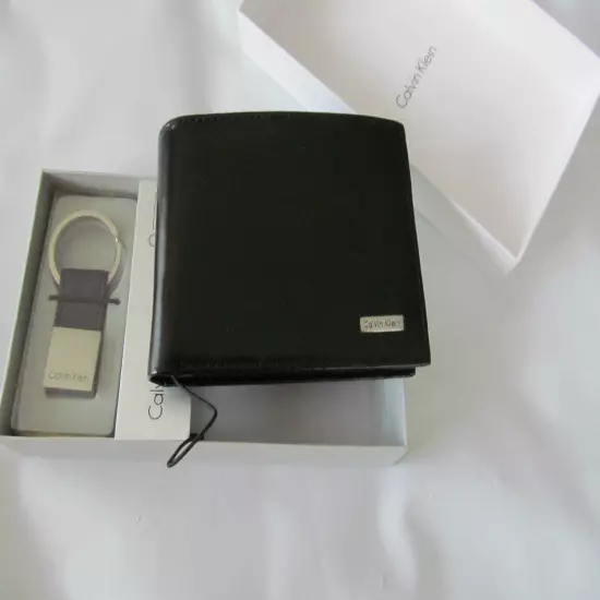 NWB Calvin Klein Black Leather Passcase Wallet and Key Fob Set $45