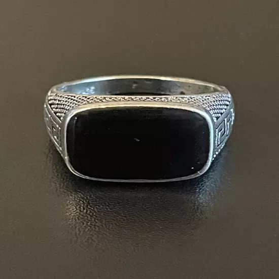 Natural Black Obsidian S925 Silver Plated Men Women Statement Ring Size 8.75