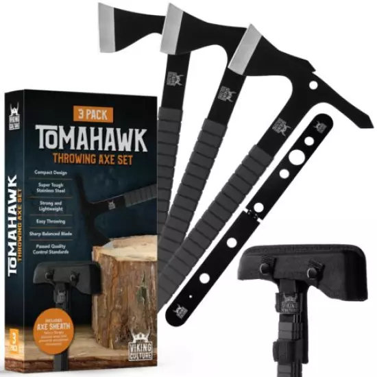 Tomahawk Throwing Axe Set of 3 Axes and Tomahawks with Sheath and Target Stencil