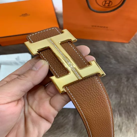 Hermès New Double-sided Men's Leather Belt Brown gold buckle 36/90