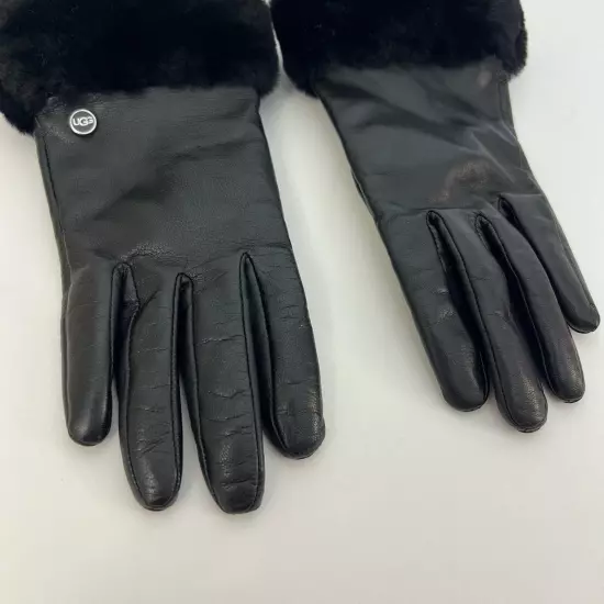 UGG Touchscreen Black Leather Gloves w/ Genuine Shearling Trim Size S