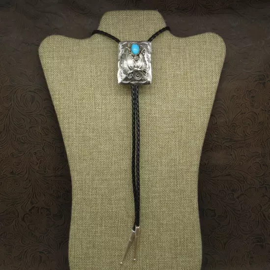 Navajo Sterling Silver Turquoise & Floral Design Work Bolo Tie By Mike Thomas Jr