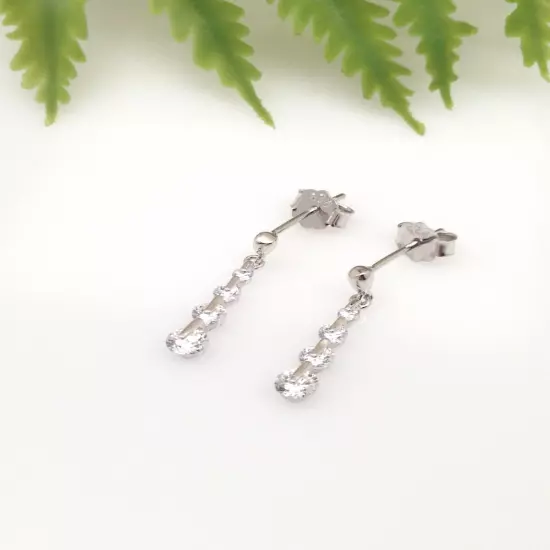 Dainty Graduated Cz Dangle Earrings 925 Sterling Silver Tiny 19mm x1.5/3.2mm