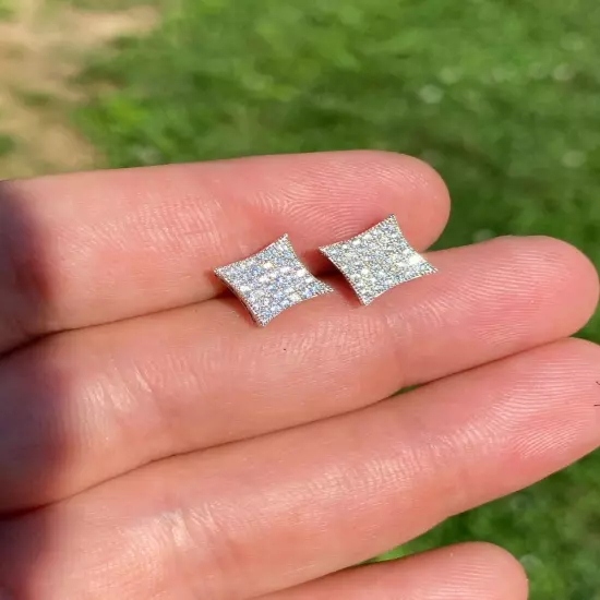 Real 925 Sterling Silver Iced Rapper Hip Hop Square Kite Earrings Bust Down CZ