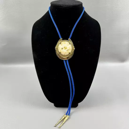 Bolo Necktie Horseshoe Prospector Faux Gold Tips Blue Braided Rope Mens Unisex