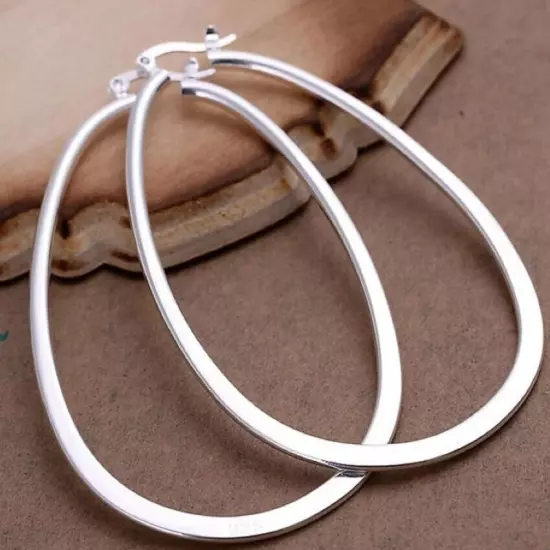 Stunning 925 Sterling Silver Filled SP Large Oval Hoop Huggie Earrings women's