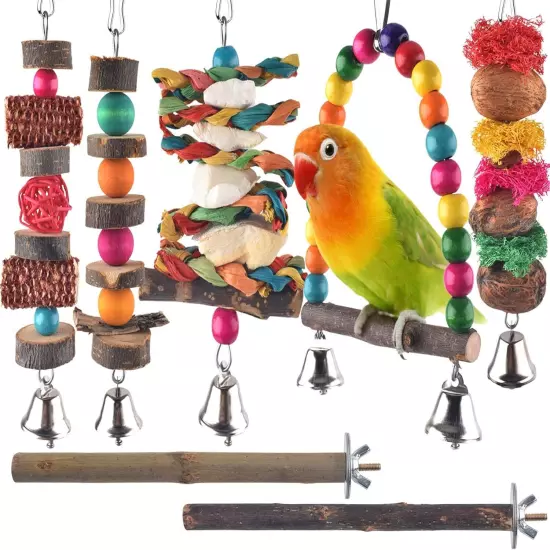 Bissap Bird Chew Toys, 7 Packs Parakeet Natural Wood Toys 7 PCS, 