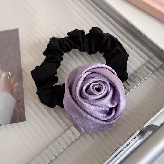 HairBand Silk Satin Rose Flower Ponytail Elastic Rope Ring Handmade Accessories